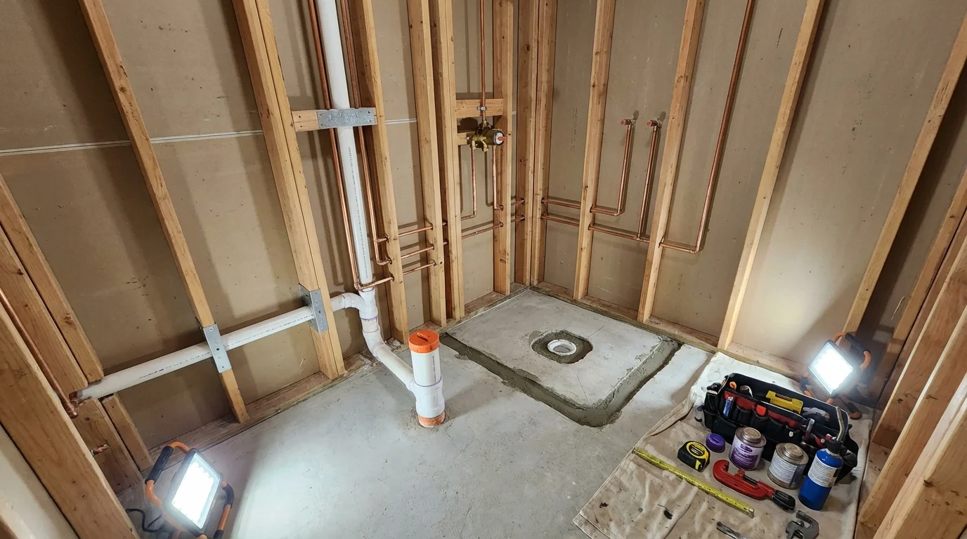 Bathroom rough-in plumbing during remodel by Johns Plumbing LLC in Landisville