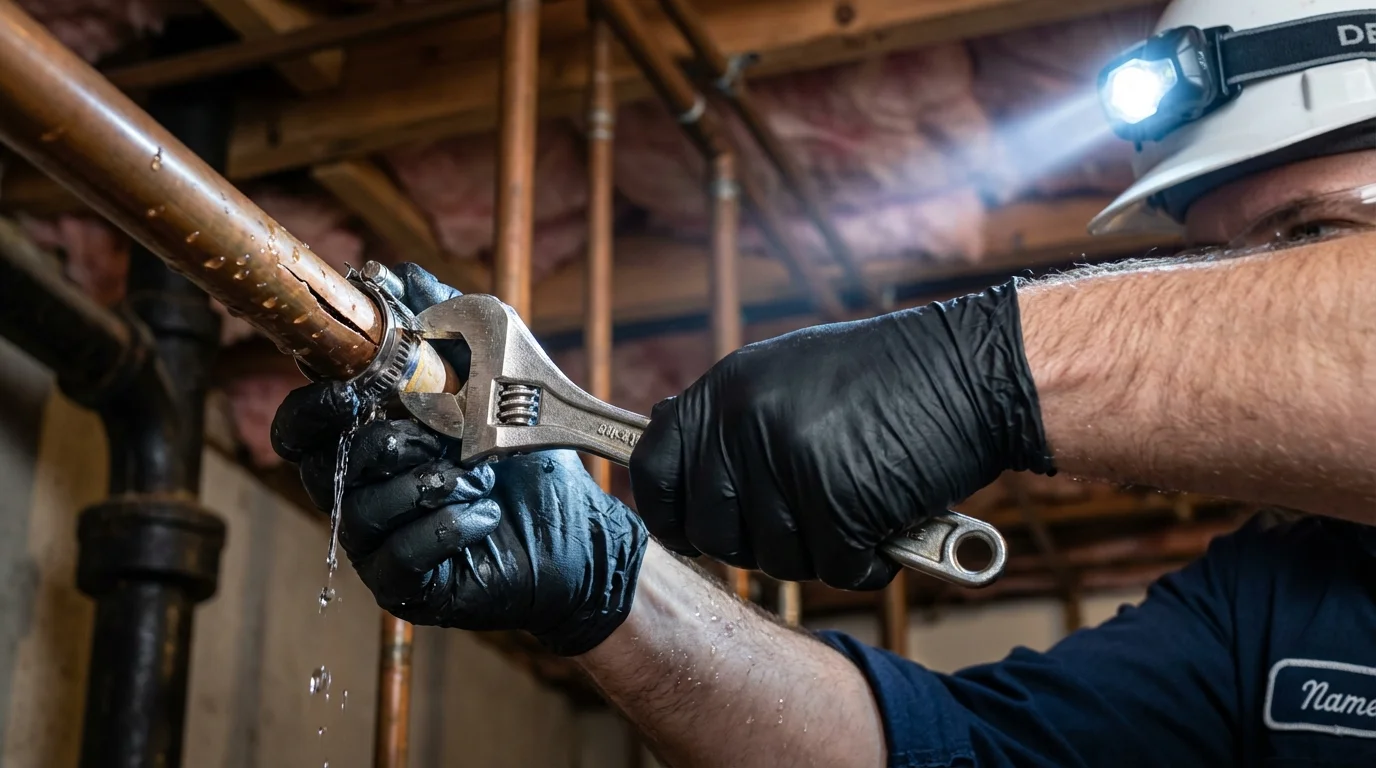 Emergency pipe clamp repair being performed by a Johns Plumbing LLC plumber in Landisville