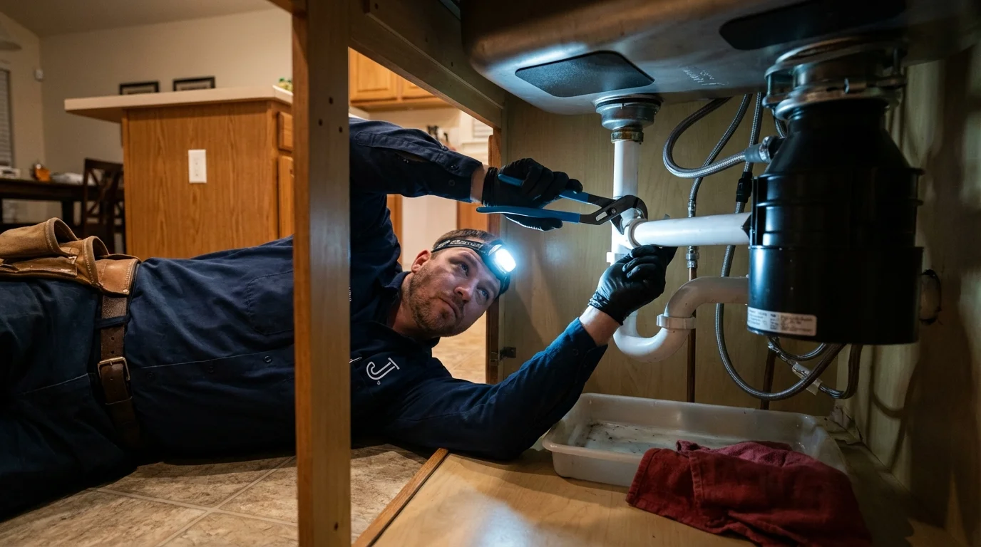 P-trap and supply line connections under a kitchen sink showing a common leak point in Landisville, PA